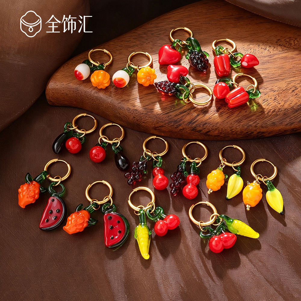 Cross-border best-selling dopamine 3D glass fruit and vegetable earrings, various fruit and vegetable glass pendants, C-ring earrings