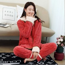 睡衣女冬季加绒加厚珊瑚绒睡衣女冬家居服中年妈妈珊瑚绒睡衣套装