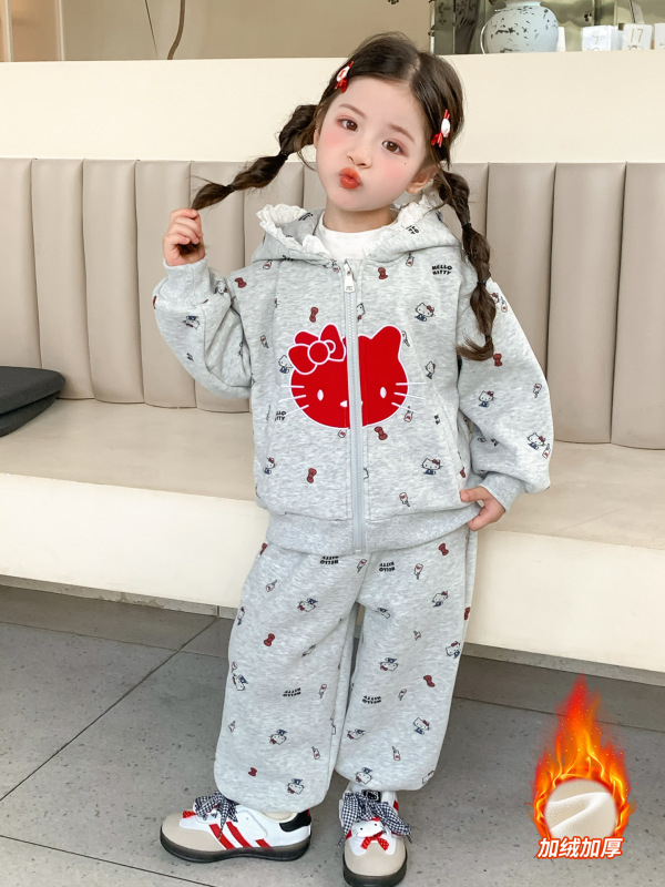 女童加绒加厚套装冬装25新款儿童冬季洋气宝宝卡通连帽卫衣两件套|undefined