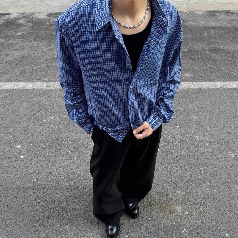 Blue Plaid Shirt Spring & Fall Hem Drawstring Short Wide Retro Men's and Women's Casual Cleanfit Long-Sleeved Top Miu Series