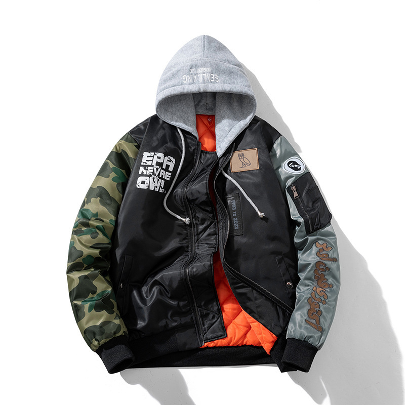 American fashion brand owl camouflage cotton-padded coat men and women couple pilot jacket baseball jacket stitching contrast color cotton-padded coat