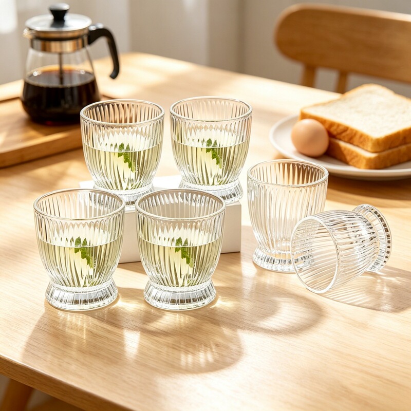 Transparent amber-colored tray, suitable for commercial use, home gatherings, and as a gift. Features a flame design with gold foil accents; a set of six flame-shaped cups