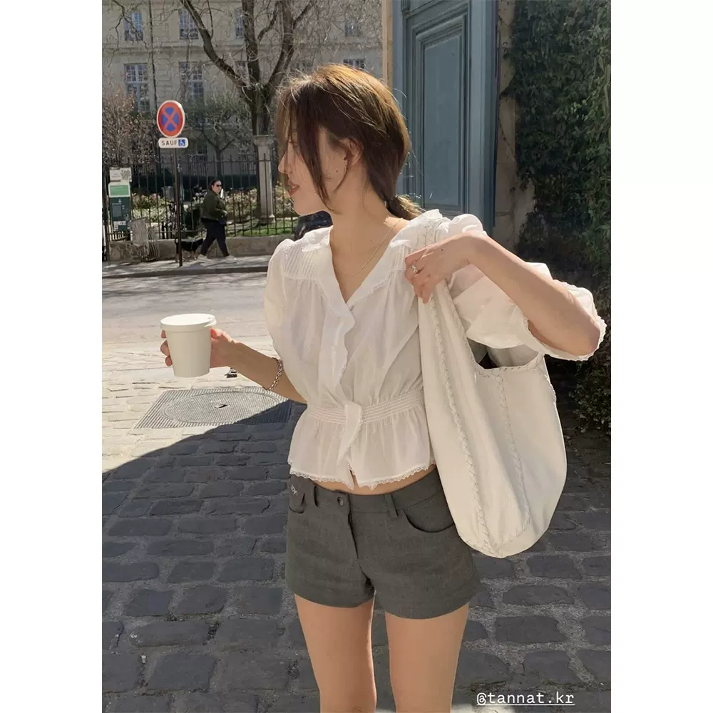 现 2025夏季新款韩国设计师tan*at甜美蕾丝荷叶褶边中袖衬衫
