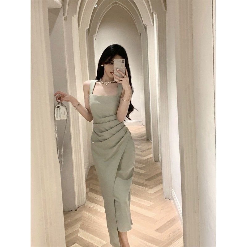 French Elegant Socialite Yujie High-end Satin Long Dress Slim-fit Hip Square Collar Sling dress Summer New