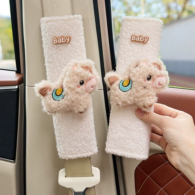 Seat belt shoulder pad, Creative and Cute Design for Women - khaki-plush-pony-white-lambswool-shoulder-pads-24cm-pair