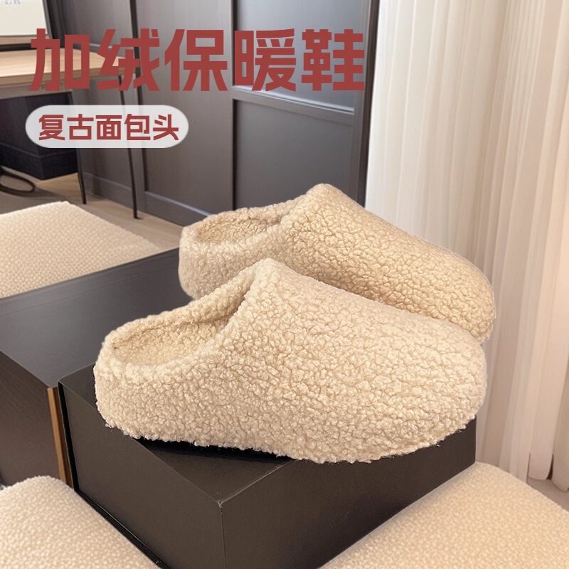 New Popular Thick-Soled Furry Shoes for Women to Wear Indoors and Outdoors in Winter, Warm Retro Fleece-Lined Bread-Toe Birkenstock Cotton Slippers