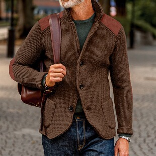 2025 autumn and winter plus size sweater retro casual PU stitching lapel outdoor sweater coat cross-border European station