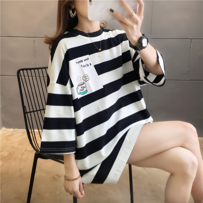 2024夏の女装百合縞ゆるい中長のtシャツ女性半袖が痩せているシャツins潮女性半袖|undefined