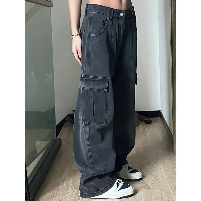 美式工装牛仔裤女秋季高腰2025年新款ins潮设计感小众阔腿拖地裤|undefined