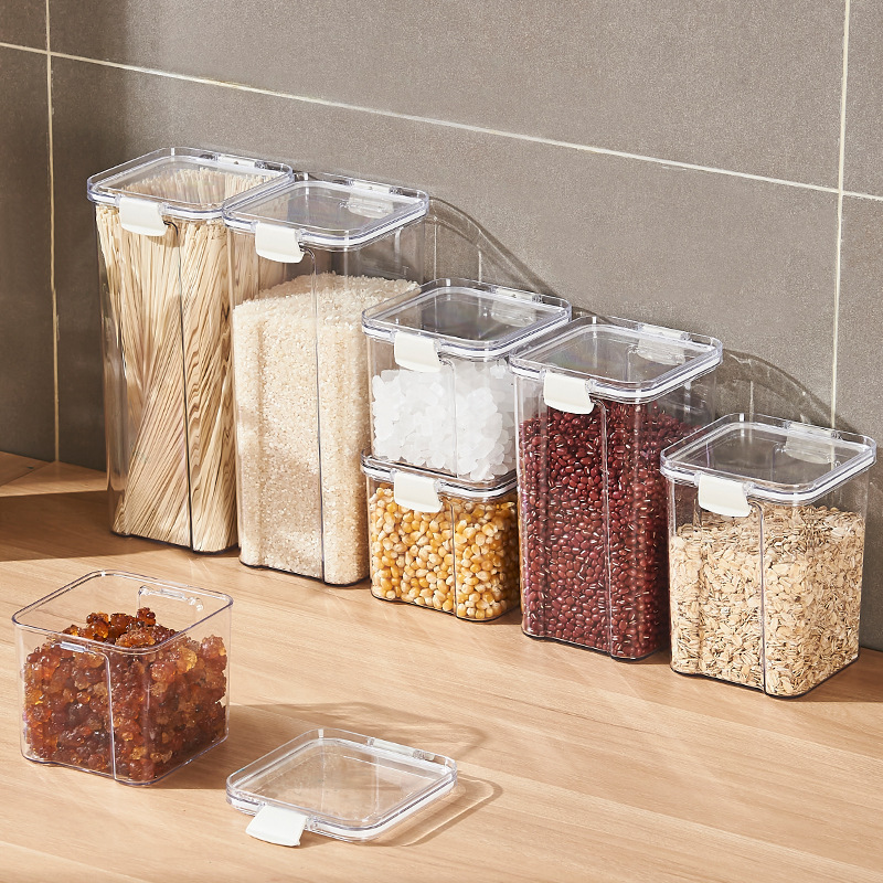 Tanque sellado de grado alimenticio Caja de almacenamiento transparente engrosada de plástico Tanque de almacenamiento de bocadillos cuadrado Tarro de almacenamiento de granos integrales