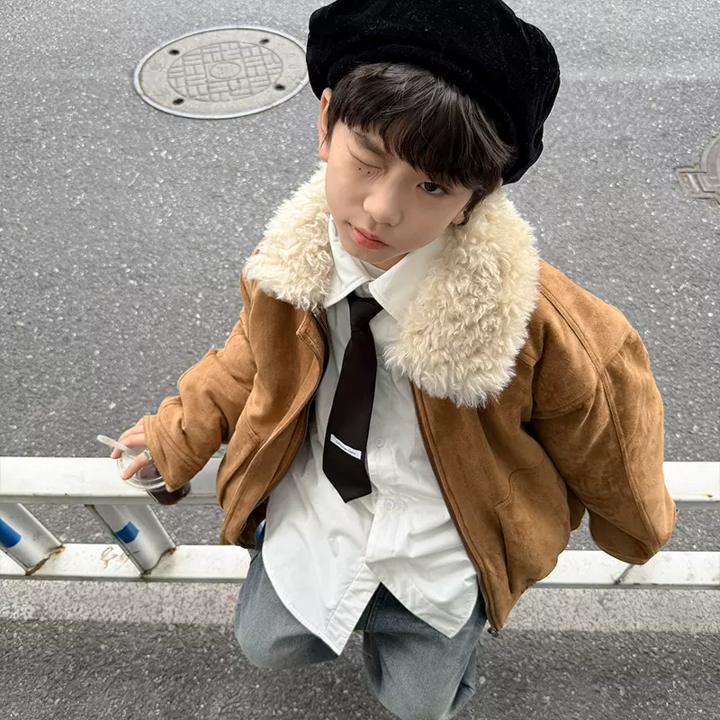 童装批发2025年冬季新款男女童鹿皮绒棉衣夹克儿童棉服毛领可拆卸