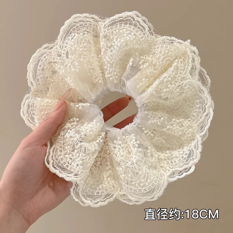 Anillo de pelo de intestino grueso súper grande coreano para mujer 2025 nuevo estilo de alta gama cordón de pelo de encaje plisado temperamento dulce cuerda de cabeza de flor