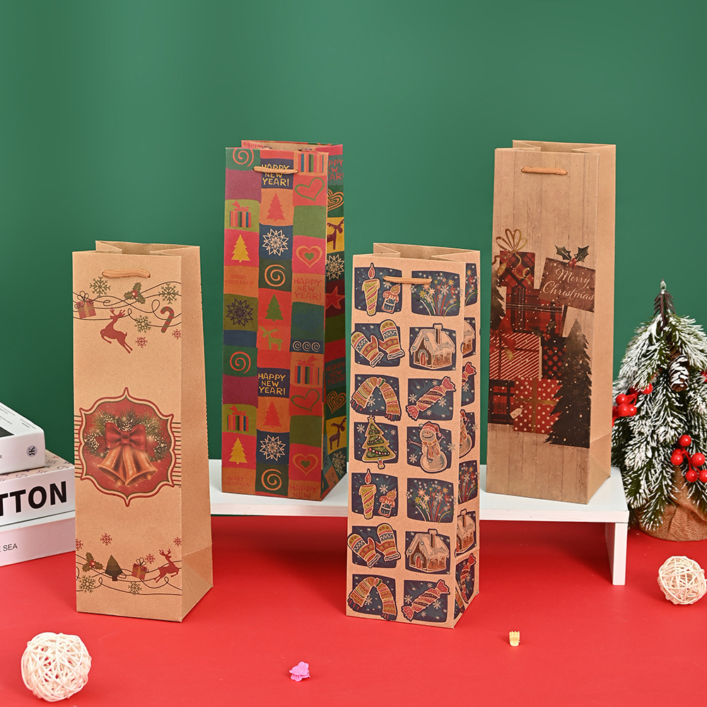 圣诞节礼品袋单支红酒纸袋酒水打包袋葡萄酒包装袋香槟酒圣诞限定