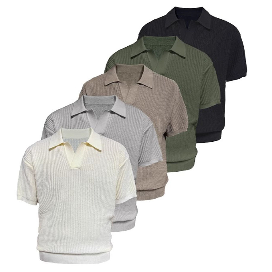 Camisa POLO suéter de manga corta con cuello en V para hombre, estilo de negocios delgado, solapa, rayas, seda de hielo, transpirable, comercio exterior transfronterizo al por mayor