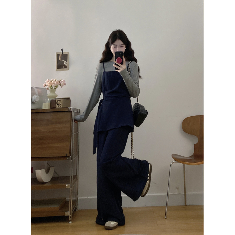 Plus-Size Women's Fashion Three-Piece Set with Strap Camisole, Long Sleeves, and Wide-Leg Pants for Early Autumn, Stylish and Slimming Outfit