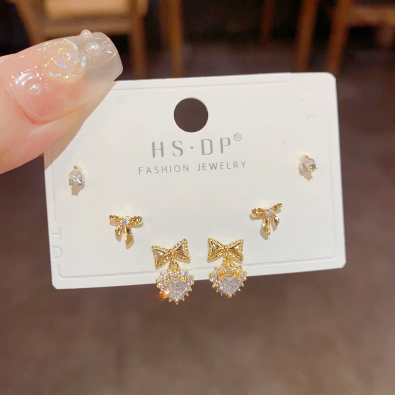 Серебряная игла, короткий цирконий, универсальные серьги, набор, образец серебра 925, микроинкрустация, японская и корейская стили, простой и элегантный дизайн, набор из 3 шт.