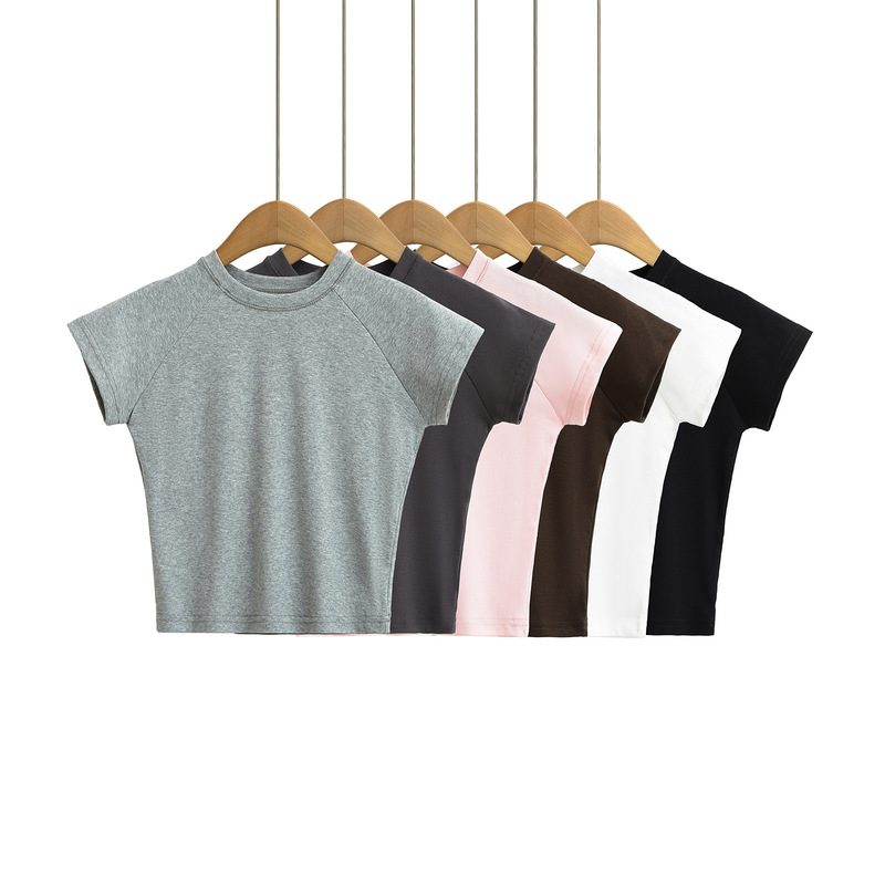 European and American Casual Simple Solid Color Short Base Top Women's Spice Girls Sexy Slim-fit Navel Sports Short-sleeved T-shirt