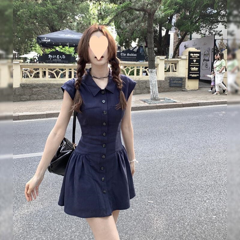 Korean-style student polo collar button dress, American-style sexy pleated slim-fit short dress for women, summer shirt dress