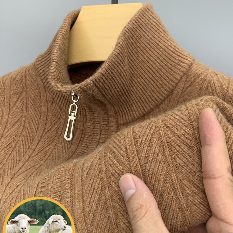 100% pure wool half turtleneck zipper sweater men's 2023 Winter new warm full wool thickened sweater