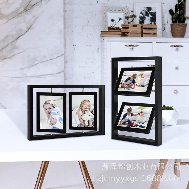 Cross-border solid wood rotating photo frame double-sided photo frame wooden floating photo frame home office living room desktop decorative photo frame