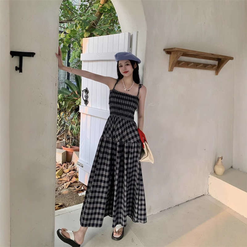 French Style Tea Break Skirt Women's Summer New Waist Slimming Plaid Mid-length Sweet and Spicy Elegant Sling dress
