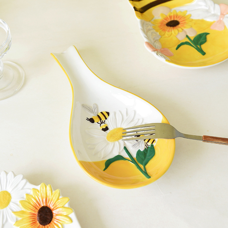 Estante de cuchara de girasol de abeja de primavera, soporte de cuchara, soporte de cuchara de sopa, mesa de comedor, palillos, cuchara, servilleta, estante de cocina