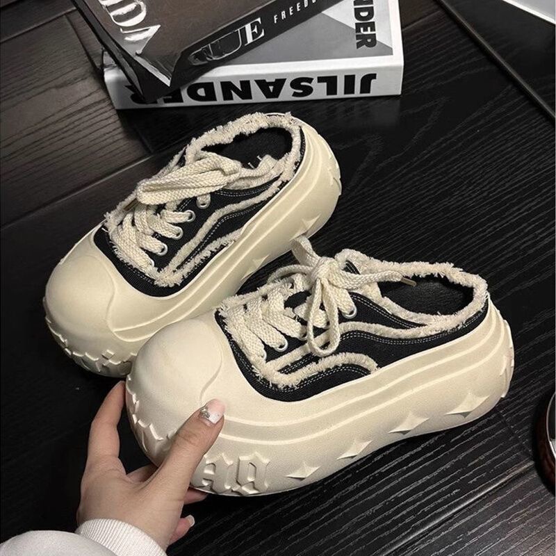 Denim Large-Toe Loafers for Petite Women, Platform Thick-Soled Mule Slippers, Height-Increasing Casual Sneakers for Outdoor Wear