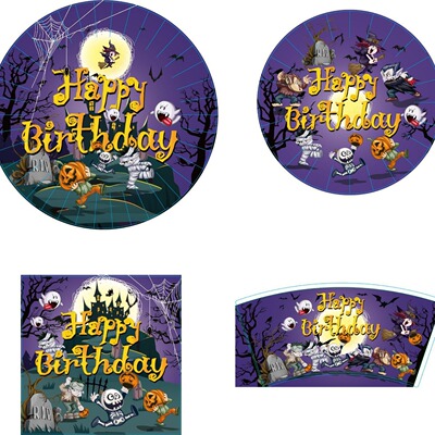 2024新款万圣节主题派对一次性餐具套装紫色鬼屋派对甜点盘纸盘|ms