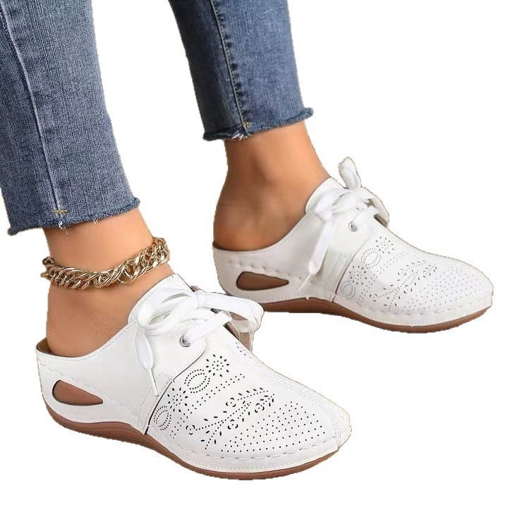 Imported Summer Platform Slippers, Perforated Lace-Up, Plus Size, Comfortable Sole, White/Black/Grey