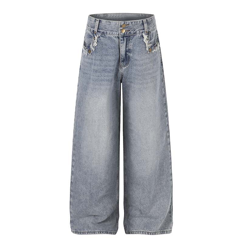 Trendy American-Style Washed Vintage Frayed Design Straight-Leg Jeans for Men, Loose Casual Versatile Long Pants
