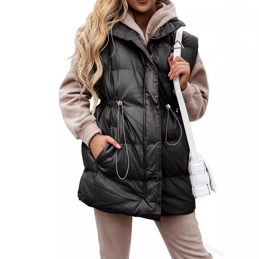 2023 europeo y americano Amazon Otoño e Invierno nueva ropa de mujer de media longitud de color sólido con cordón bolsillo suelto con cremallera chaleco acolchado de algodón