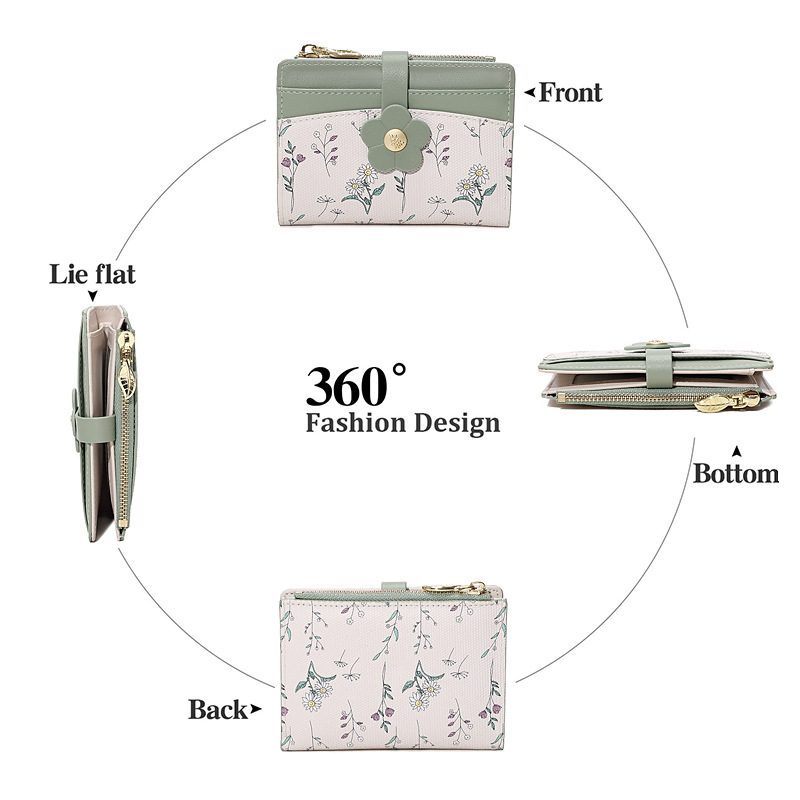 Nueva impresión coreana de flores y hierbas PU corta billetera de cremallera para mujeres.