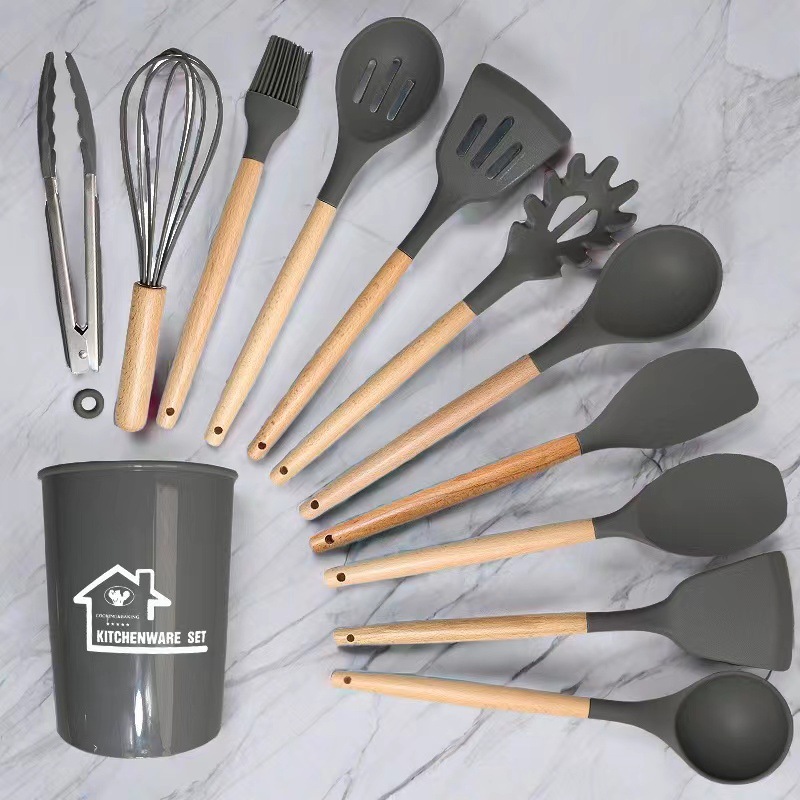 Juego de 12 utensilios de cocina de silicona con mango de madera, utensilios de cocina de silicona, sartén antiadherente, espátula y cuchara resistentes a altas temperaturas