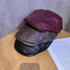 韩国网红复古做旧扎染鸭舌帽女秋冬季百搭优质PU皮质大头围前进帽