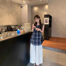宽松无袖娃娃衫上衣2025新款夏季日系甜美设计感小众格子衬衫女潮