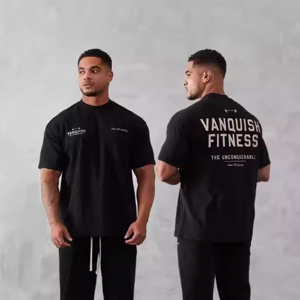 Men's Retro Oversized T-Shirt Summer New Sports Fitness Pure Cotton Round Neck Short-Sleeved Jogging Gym Running