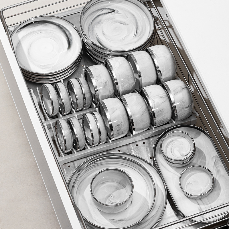 2026 New Household Tableware Set Marble Silver-Edged Bowl and Plate Combination Single Rice Bowl and Dish Premium Quality
