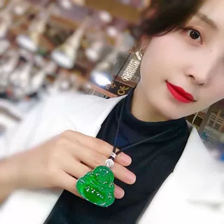 翡翠吊坠女玉佛天然冰种阳绿满绿弥勒佛白18K金豪镶钻观音男挂件