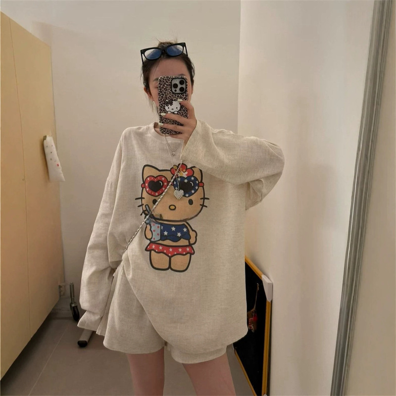 Cute and Lazy Kt Cat Print Loose Long-Sleeved Sun Protection Blouse T-Shirt for Women Summer New Casual Versatile Top