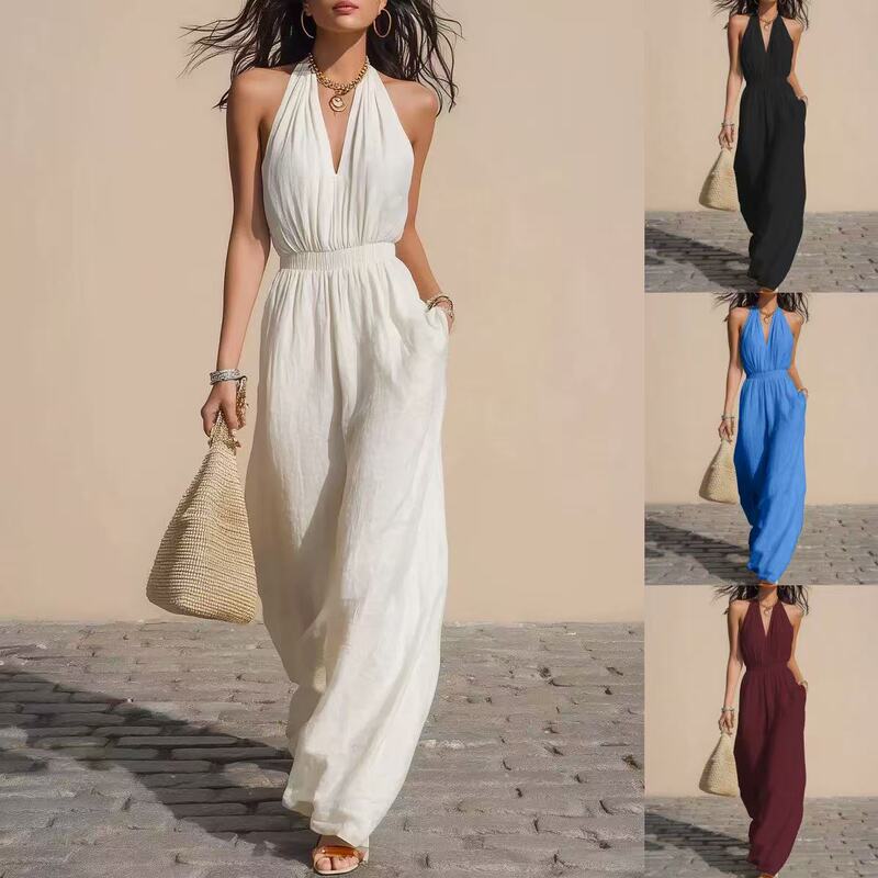 In-Stock Jyf2026 European and American Style Halter V-Neck Slim-Fit Jumpsuit with Wide-Leg Pants, Simple Commuter Outfit