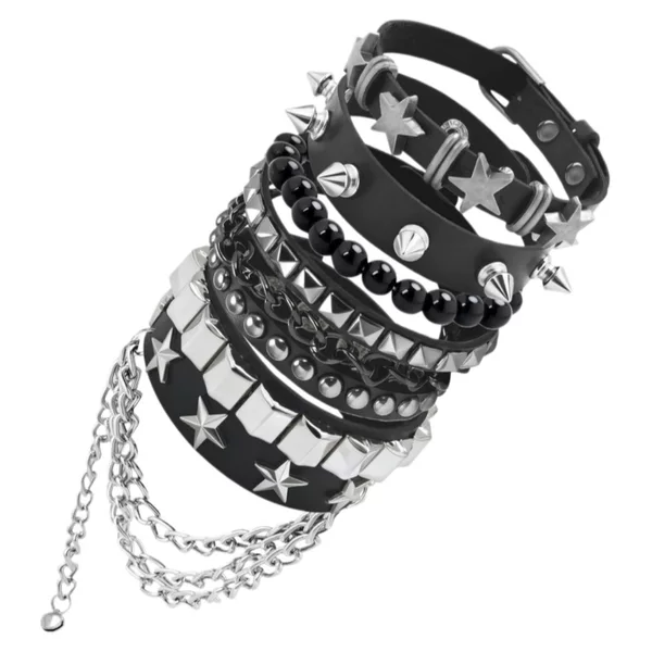 European and American Cross-Border Punk Style Gothic Multi-Layered Leather Bracelets with Pointed Rivets, Five-Piece Set of Bracelets and Bangles, Jewelry Wholesale