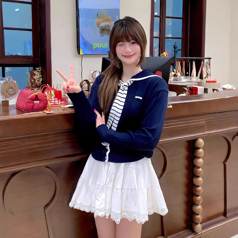 Korean Style Spring Wear Navy Collar Knitwear Jacket Women's New Preppy Style Knitwear Cardigan Elegant Long-Sleeved Top
