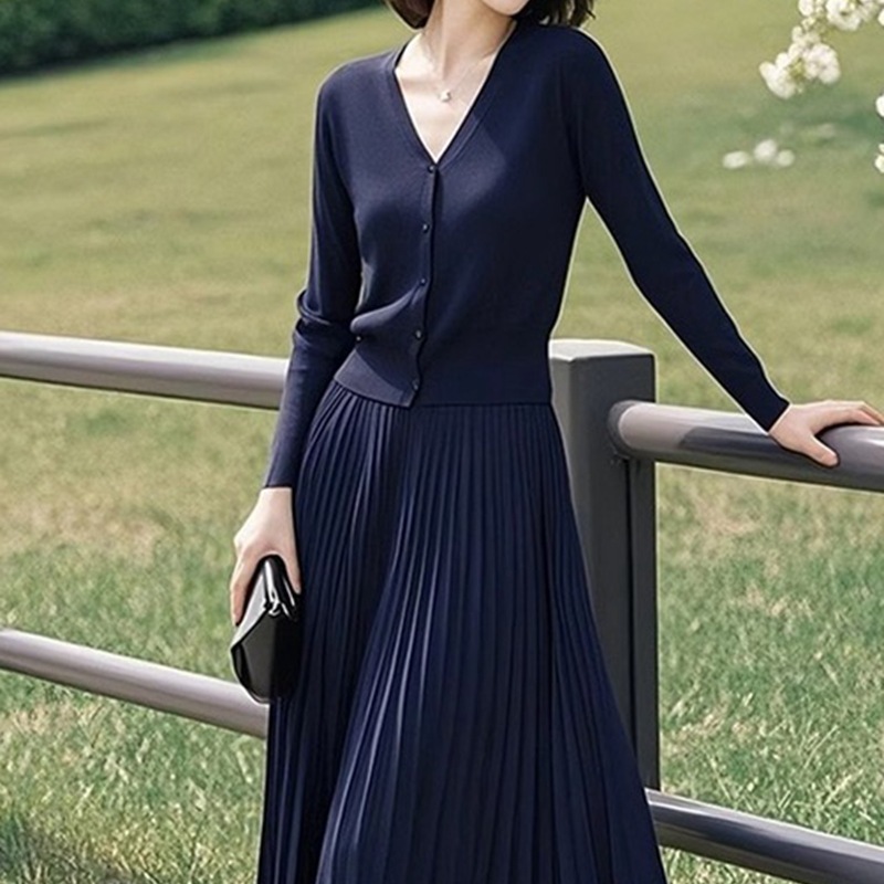 深蓝色针织套装女装2025秋季新款韩版开衫上衣百褶半身裙子两件套|undefined