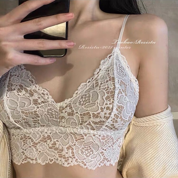 French Style Lace Beautiful Back Wrap Bra Style Breathable Short Anti-running Light No Steel Ring with Chest Pad Sling Women's Underwear