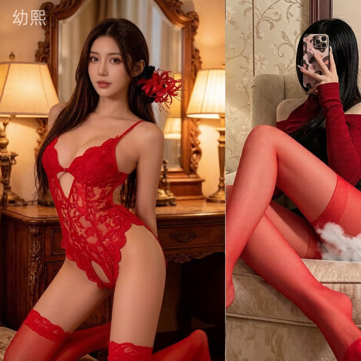와인색 + 빨간색 오픈 크로치 스타킹