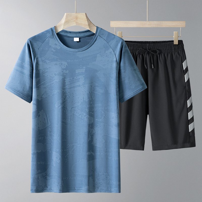 Transfronterizos de verano manga corta traje casual hombre suelto hielo traje de correr pantalones cortos secos rápidos traje deportivo hombre grande