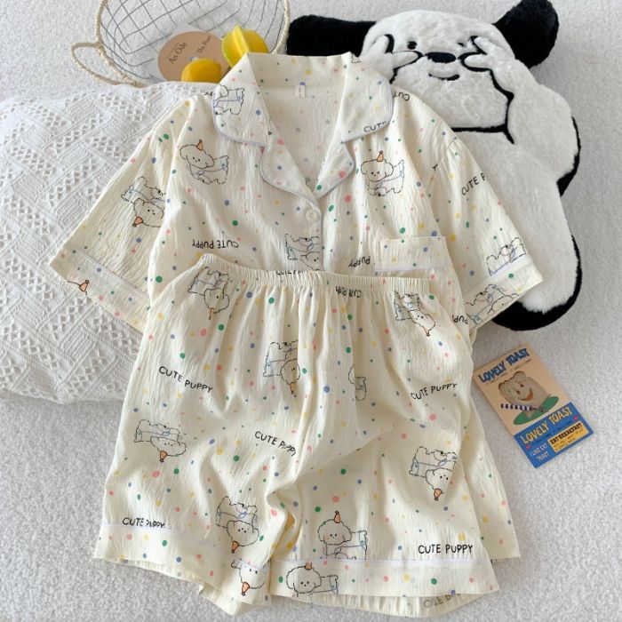 Pijama mujer nube algodón de manga corta pantalones cortos cardigan solapa de verano apertura en vivo dibujos animados transfronterizos dulce traje de servicio a domicilio