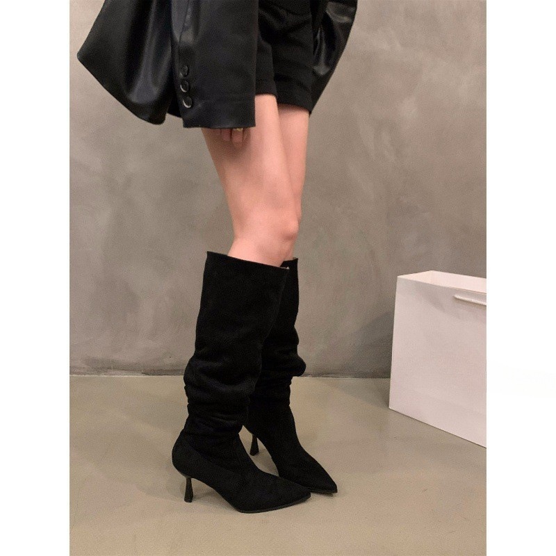 High heel Khaki over the knee pile boots women's new fall/winter pointy skinny knight boots_voghion.com