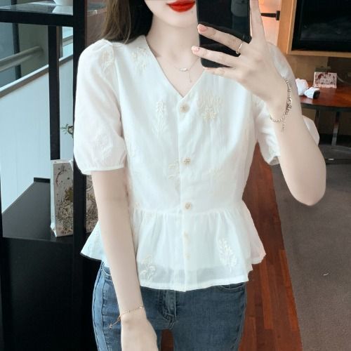 夏の卸売半袖シフォンシャツ レディース夏服 新作 ウエストシェイプお腹カバー トップス デザイン性|undefined