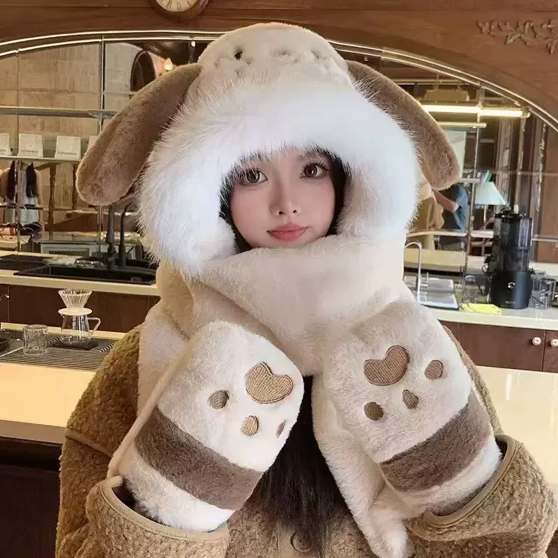 帽子围巾一体女冬季可爱毛绒帽保暖护耳连帽冬手套三件套